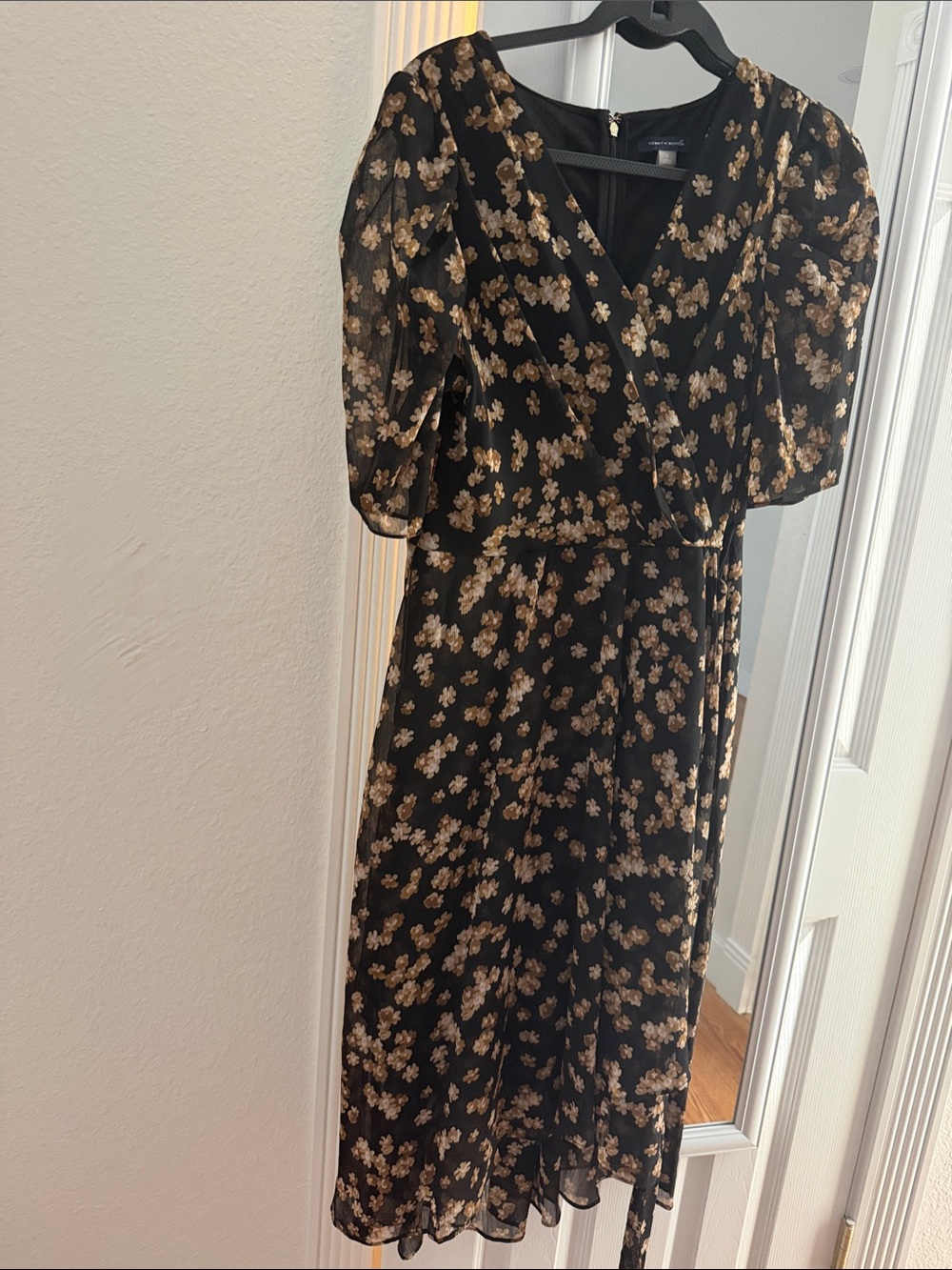 Tommy Hilfiger Black Midi Dress with Gold Floral Pattern